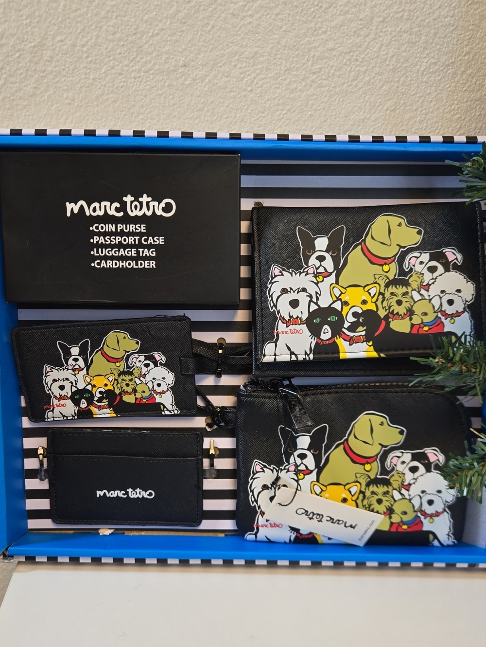 NEW Marc Tetro Black Dog Print Travel Wallet & Cardholder Set